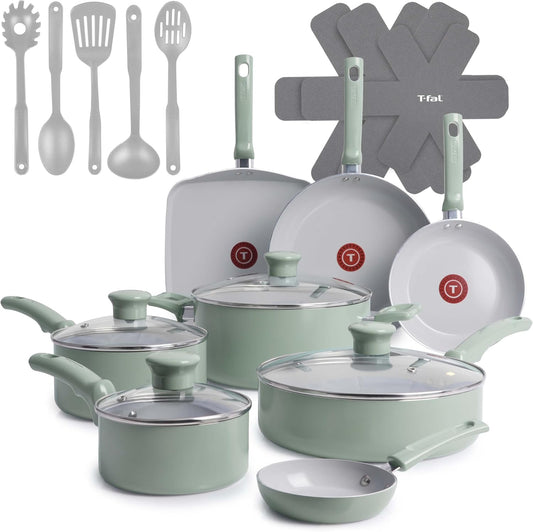 T-fal Refresh Ceramic Nonstick Cookware Set, 20-Piece, Pots and Pans Set