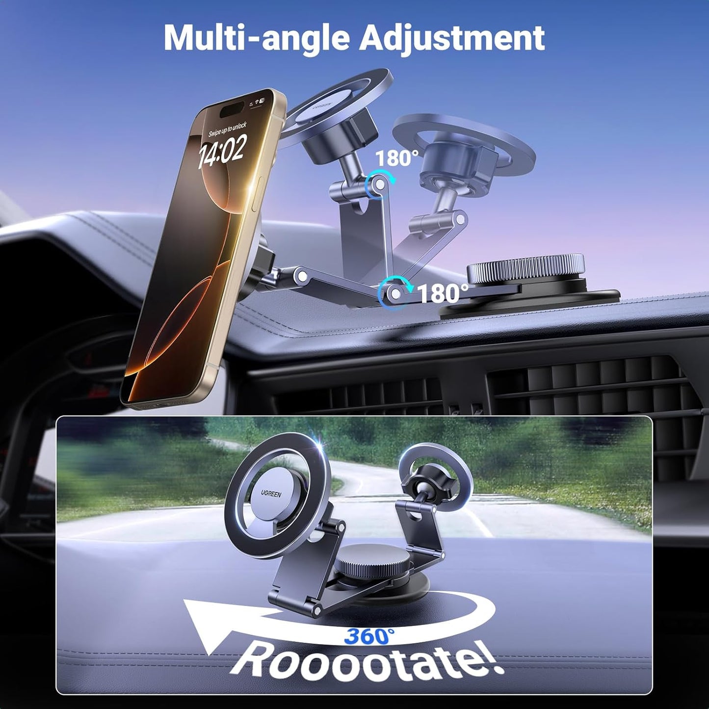 UGREEN Magsafe Phone Mount for Car 360° Rotation Magnetic Phone Holder Dashboard Cell Phone Holder Compatible for iPhone 16 15 14 13 12 Series and MagSafe Case