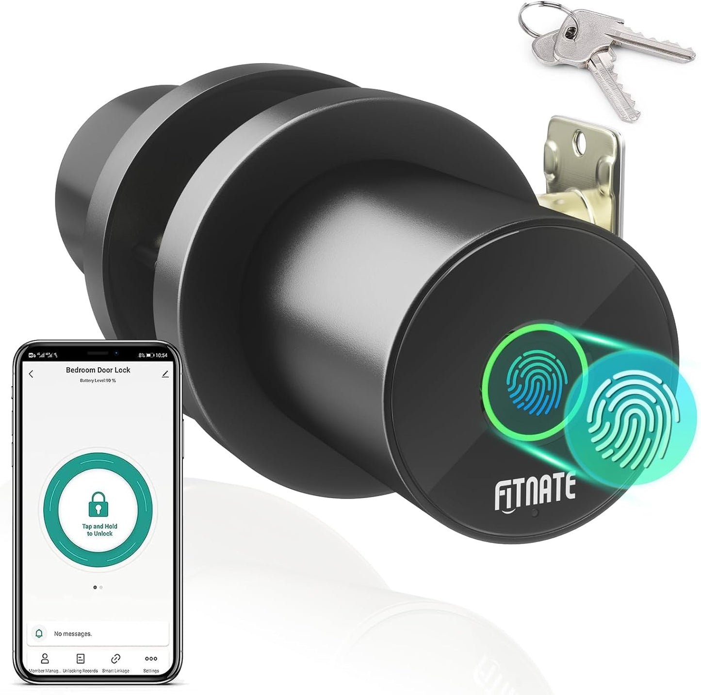 FITNATE Fingerprint Door Knob, Smart Biometric Door Lock with App Control, Keyless Entry Door Knob with Bluetooth Digital Code, Touch to Open Knob for Bedroom,Home,Hotel,Office, Black