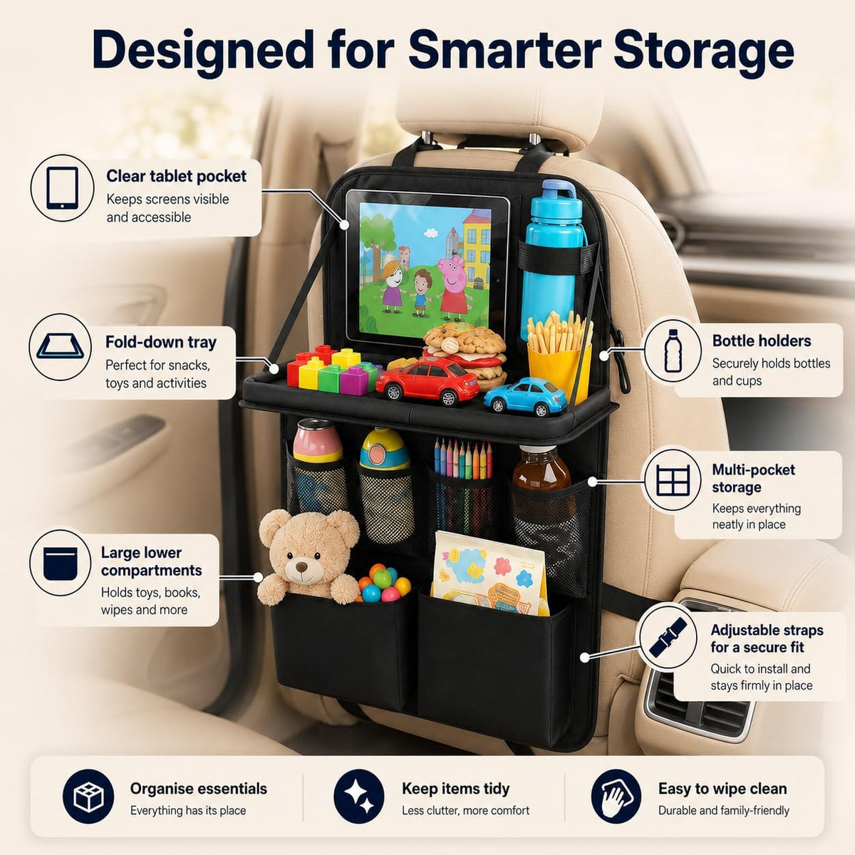Palopalo 2Pack Car Seat Organiser with Fold Down Tray&Tablet Holder (Black)