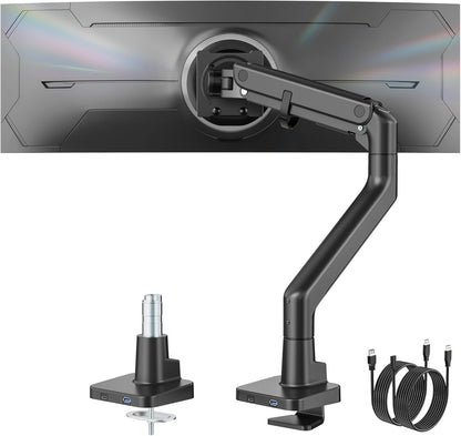 monTEK Heavy-Duty Monitor Arm for 17-57" Ultrawide Curved Screen, Supports up to 59.4 lbs, Adjustable Gas Spring Arm, 75/100 VESA Mount, Clamp & Grommet Desk Monitor Mount Single, Black