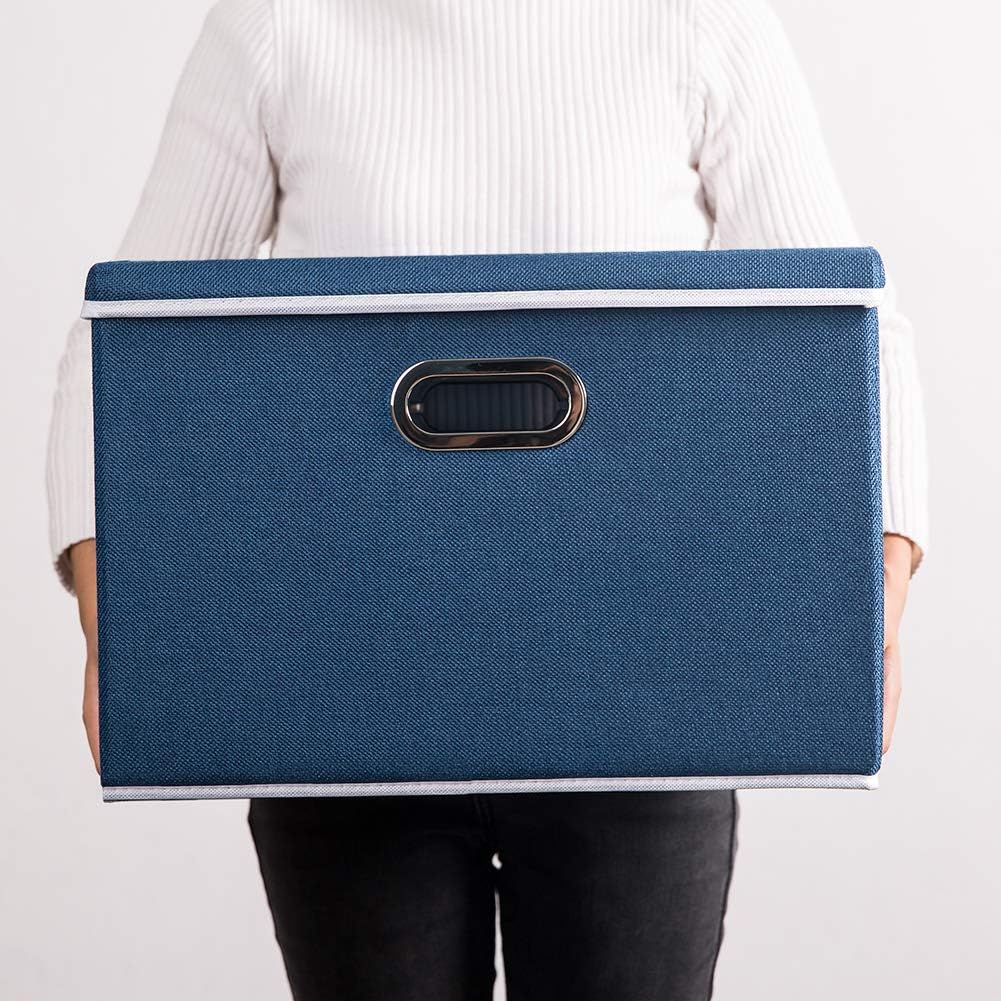 PRANDOM Large Foldable Storage Bin with Lid [1-Pack] Linen Fabric Decorative Storage Box Organizer Containers Basket Cube with Handles Divider for Bedroom Closet Office Living Room (17.7x11.8x11.8")