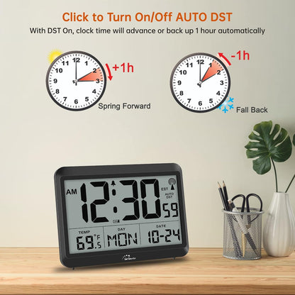 WallarGe Atomic Digital Wall Clock Battery Operated, Self-Setting, Large Display with Temperature, Date, Day of The Week, Silent Wall Mount Digital Clock, 4 Time Zones, DST