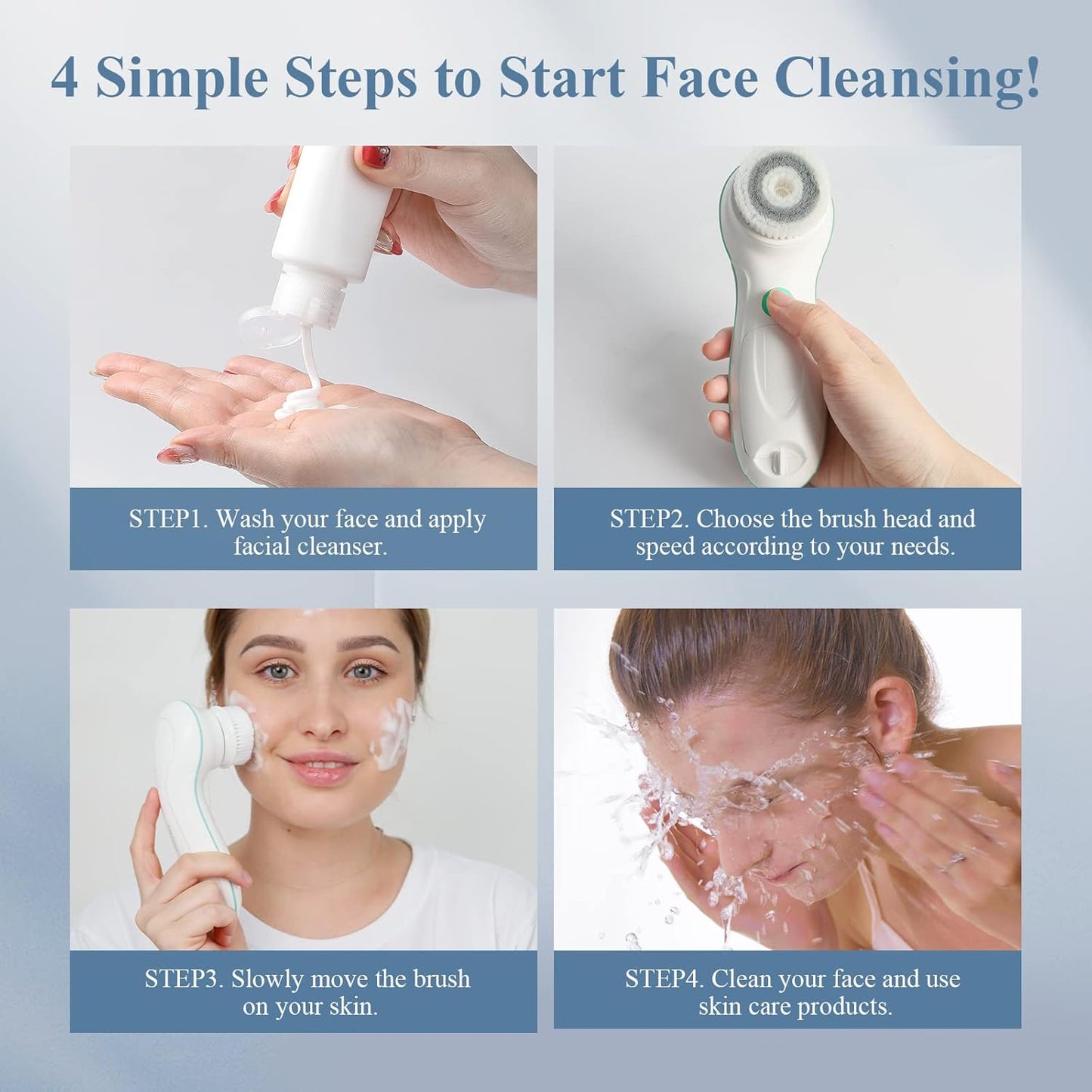 TOUCHBeauty Facial Cleansing Brush Electric, Face Cleansing Brush with Stand, 3 Brush Heads, 2 Speeds, IPX5 Waterproof, Battery-Powered, Suitable for All Skin Types, AG-0759D, White