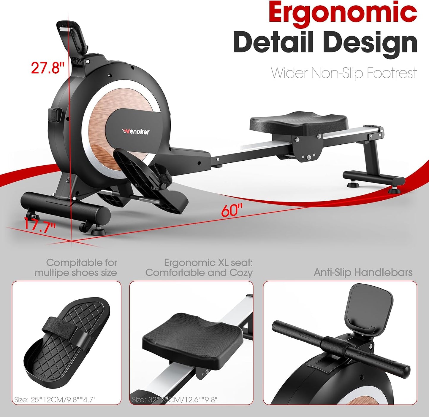 Rowing Machine,Wenoker Magnetic Rower Machine for Home,350 LB Weight Capacity, Smooth Whisper Quiet with LCD Monitor Tablet Holder & Comfortable Seat Cushion, Compact and Saves Space