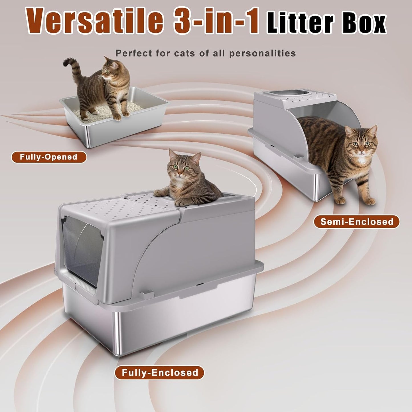 Stainless Steel Cat Litter Box with Lid, 180° Flip Top XL Enclosed Litter Box with Trapping Mat & Metal Scoop, Front Top Dual Entry Steel Extra Large Cat Litter Pan (Grey, X-Large)