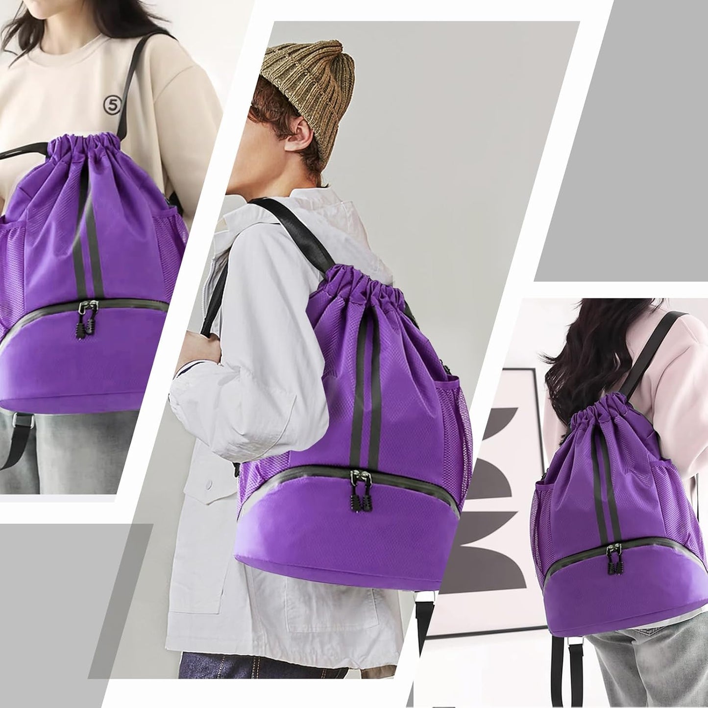 Hoedia Sports Drawstring Backpack - String Swim Gym Bag with Shoes Compartment and Wet Proof Pocket for Women/Men
