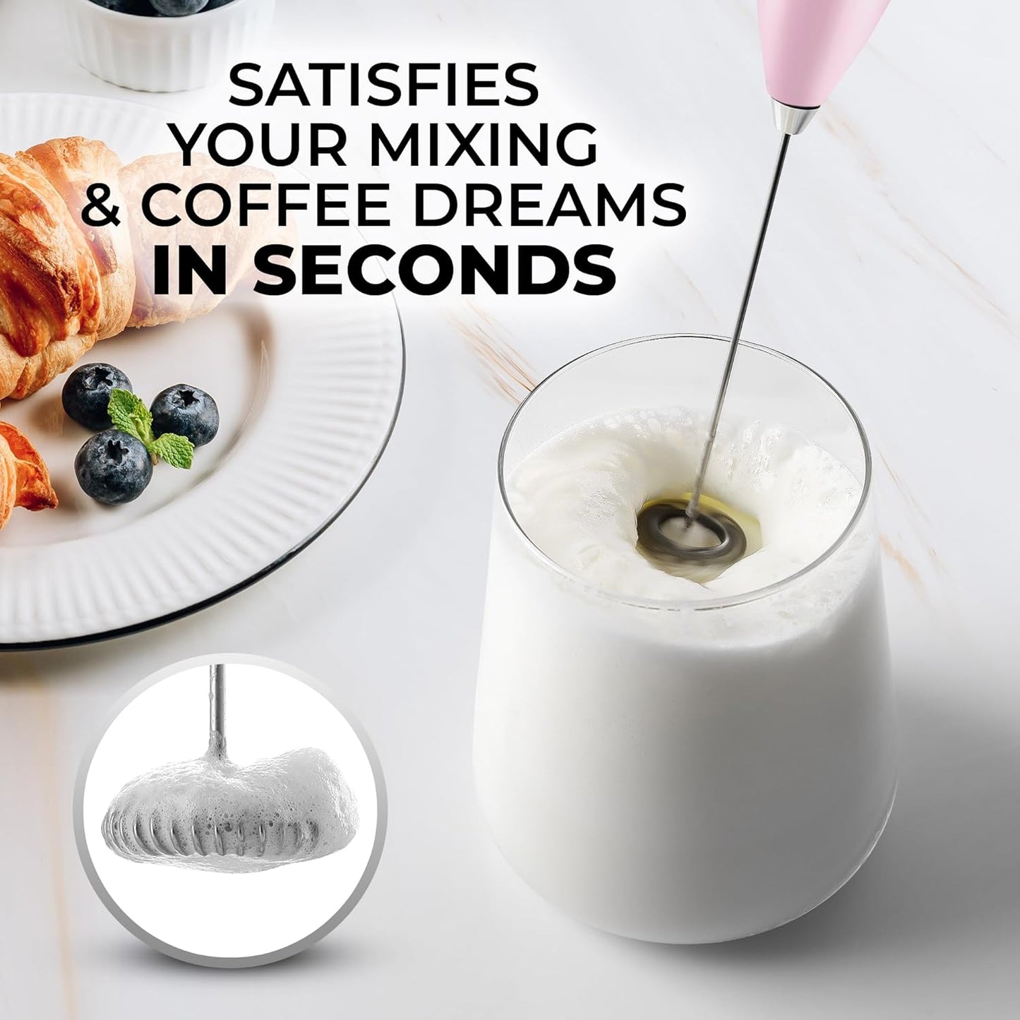 Zulay Kitchen Powerful Double Whisk Milk Frother Handheld - Foam Maker with Stand - Whisk Drink Mixer for Coffee, Mini Foamer for Latte, Matcha, Frappe, Hot Chocolate & Cappuccino (Black)