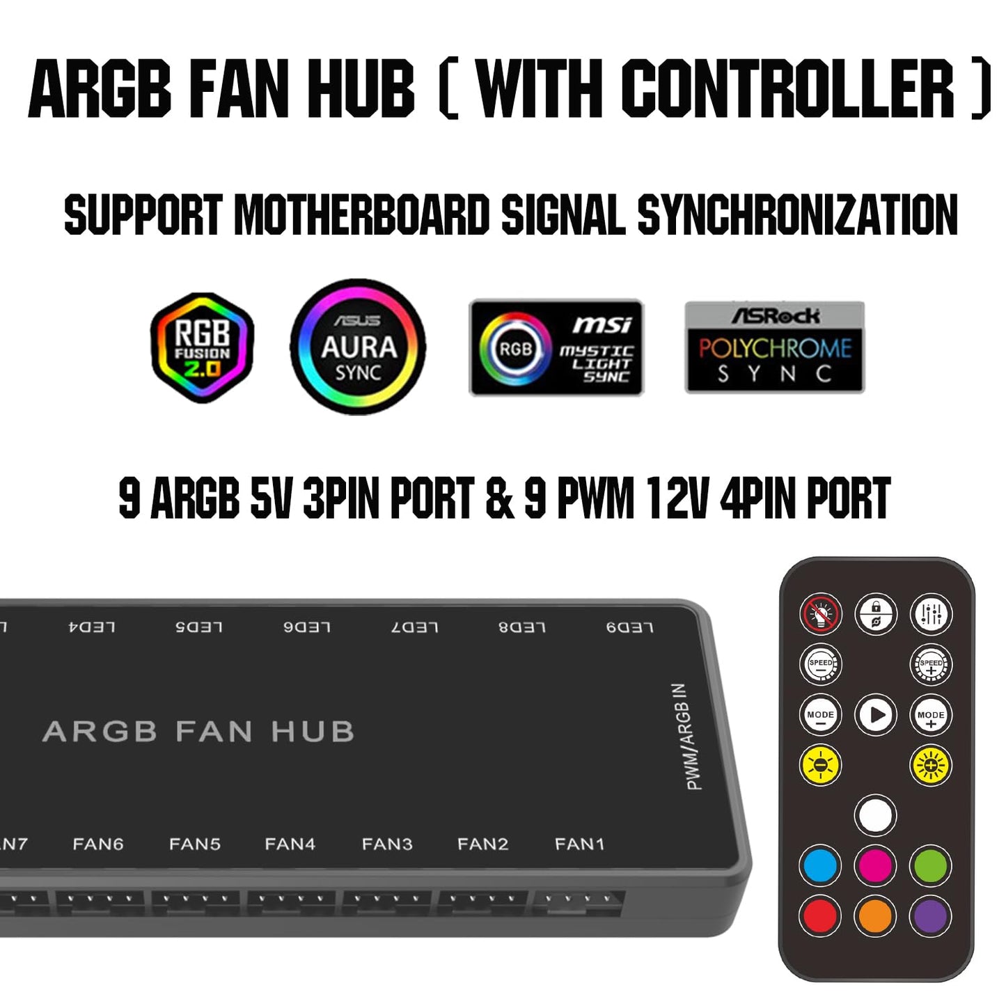 ARGB PWM Fan Hub, Addressable 5V-3PIN ARGB 12V 4PIN PWM 2-in-1 RGB Case Fan Hub SATA Power Input, 9 Fan Port and 9 LED Port, PC Fan hub Support 9 Computer ARGB PWM Fans Splitter