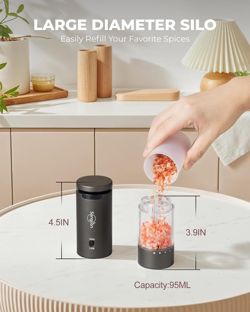 Sangcon 2-Speed Rechargeable Electric Salt and Pepper Grinder Set, 6 External Adjustable Coarseness Levels, Automatic Salt & Pepper Mill Shakers Set with Storage Base, One-Handed Operation, Silver