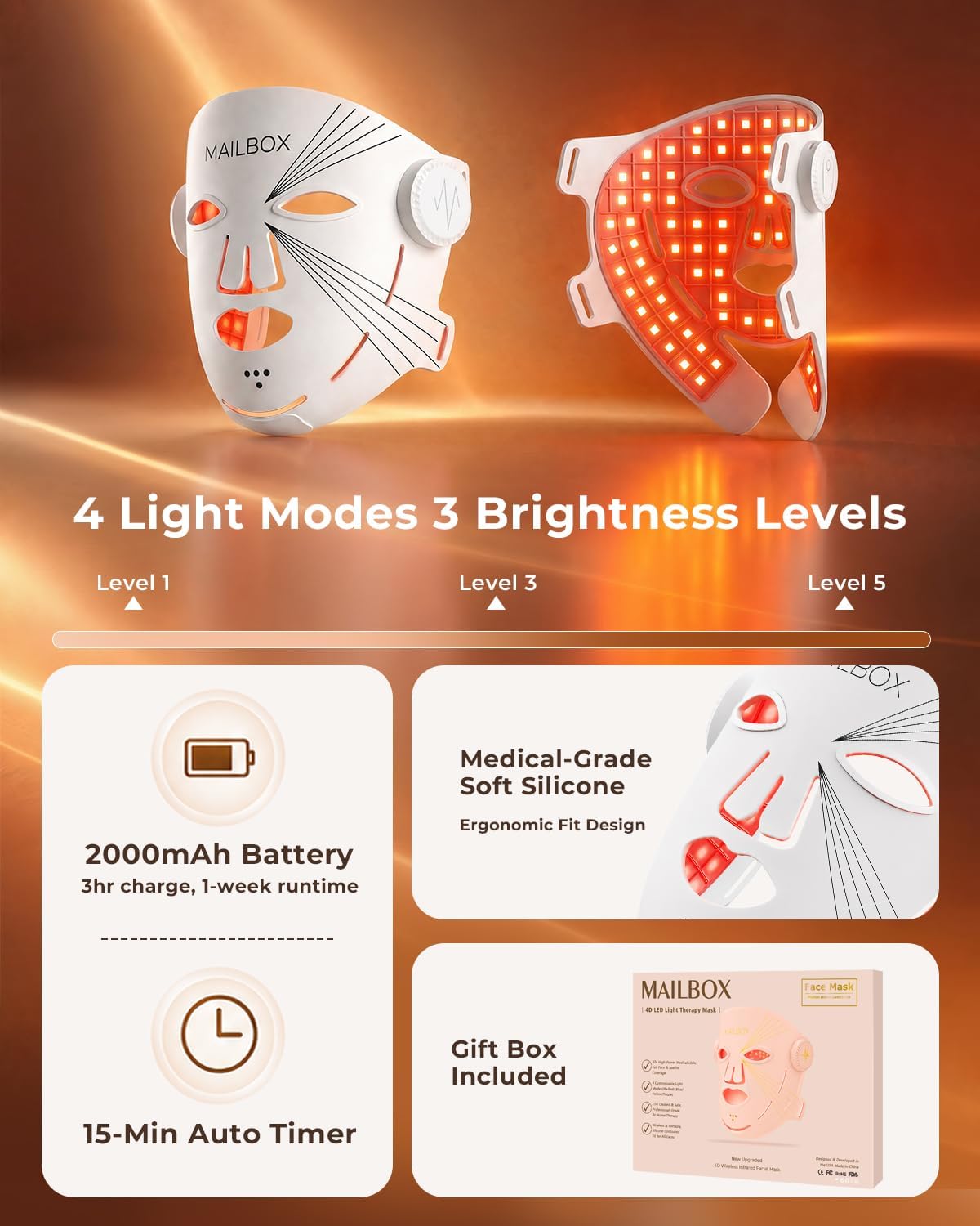 𝟐𝟎𝟐𝟔 Cordless 4D Red Led Mask Spectrum Mask Red Light for Face and Neck Set, 850nm and Red Light 630nm, 460nm 530nm 4 Gears Energy Adjustment, White