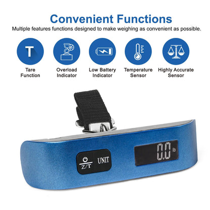 travel inspira Luggage Scale, Portable Digital Hanging Baggage Scale for Travel, Suitcase Weight Scale with Rubber Paint, 110 Pounds, Battery Included - Blue
