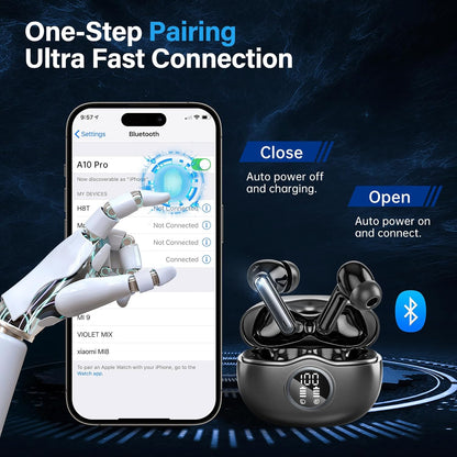 Sisism A10 Pro Wireless Earbuds, Bluetooth 5.3 Headphones HiFi Stereo 40H Playback LED Digital Display Ear Buds with ENC Noise Canceling Headset, IPX7 Waterproof Earphones for Gym/Running/Work Black