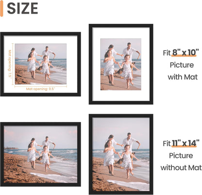 upsimples 11x14 Picture Frame, Display Pictures 8x10 with Mat or 11x14 Without Mat, Wall Hanging Photo Frames, Black