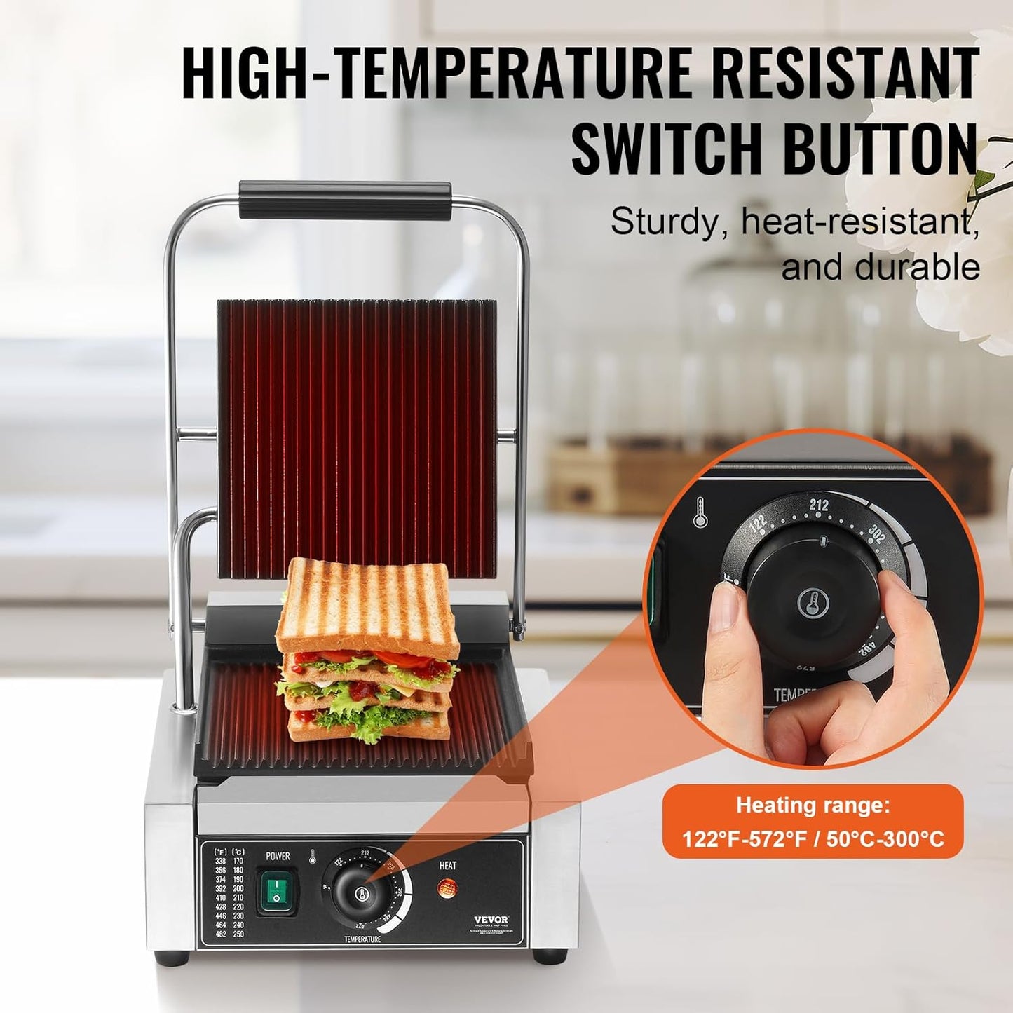 VEVOR 7 IN 1 Electric Contact Grill,1800W Indoor Panini Press Griddle,Stainless Steel Teppanyaki Grill with Nonstick&Removable Iron Plate, 0-446℉ Adjustable Temp Control,LCD Display,110V