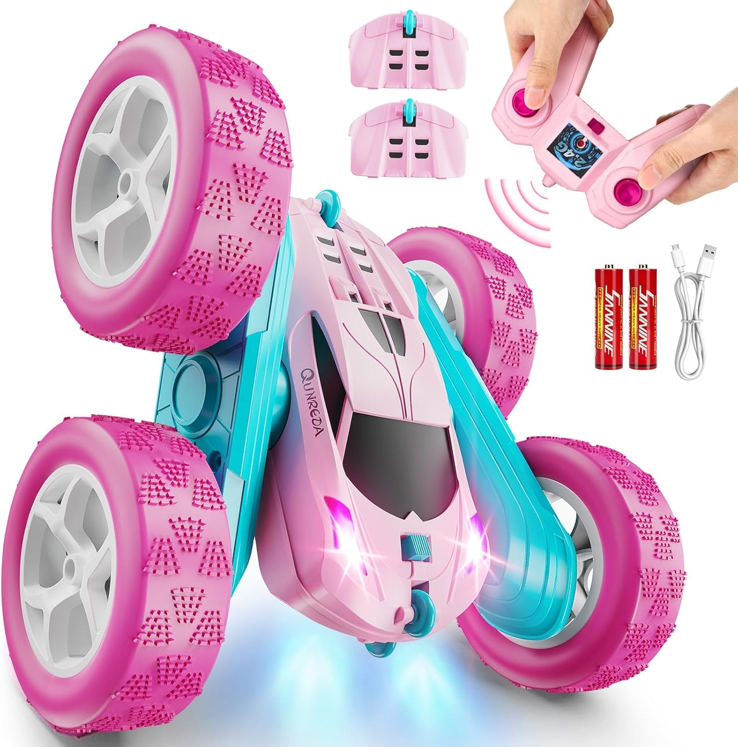 QUNREDA Remote Control Car for Kids Ages 6+, RC Cars Stunt Car Toy 4WD Double Sided 360° Rotating Remote Control with Headlights, Birthday Xmas Gifts for Boys 6 7 8 9 10 11 12 1-Blue