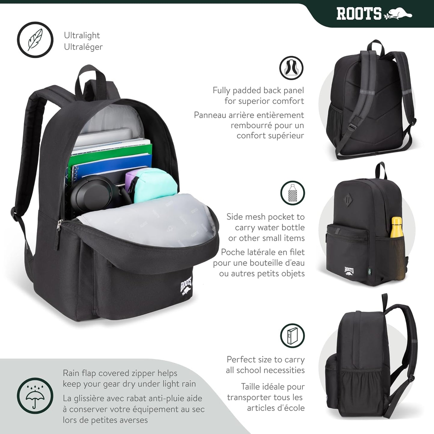 Roots Teen Lightweight Backpack — Made from Recycled Polyester with 15.6" Laptop Compartment, Rain Flap, Bottle Pocket, Reflective Accent, and Back Padding — 34L, Black