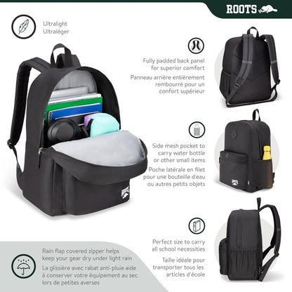 Roots Teen Lightweight Backpack — Made from Recycled Polyester with 15.6" Laptop Compartment, Rain Flap, Bottle Pocket, Reflective Accent, and Back Padding — 34L, Black