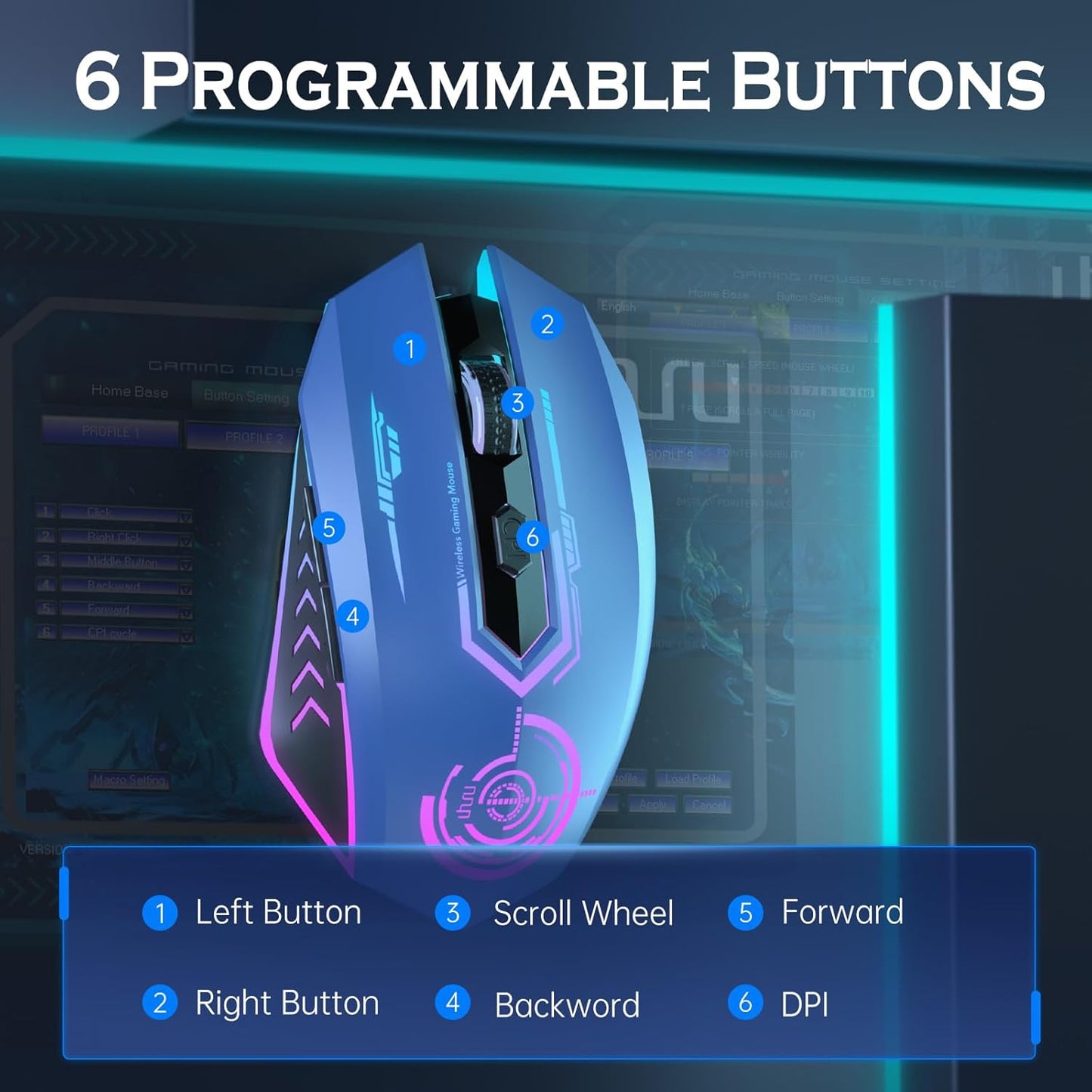 Wireless Gaming Mouse Up to 10000 DPI, UHURU Rechargeable USB Wireless Mouse with 6 Buttons 7 Changeable LED Color Ergonomic Programmable MMO RPG for PC Laptop, Compatible with Windows Mac