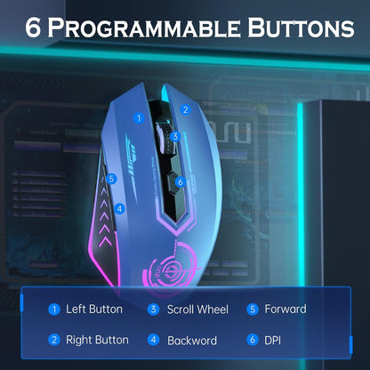 Wireless Gaming Mouse Up to 10000 DPI, UHURU Rechargeable USB Wireless Mouse with 6 Buttons 7 Changeable LED Color Ergonomic Programmable MMO RPG for PC Laptop, Compatible with Windows Mac