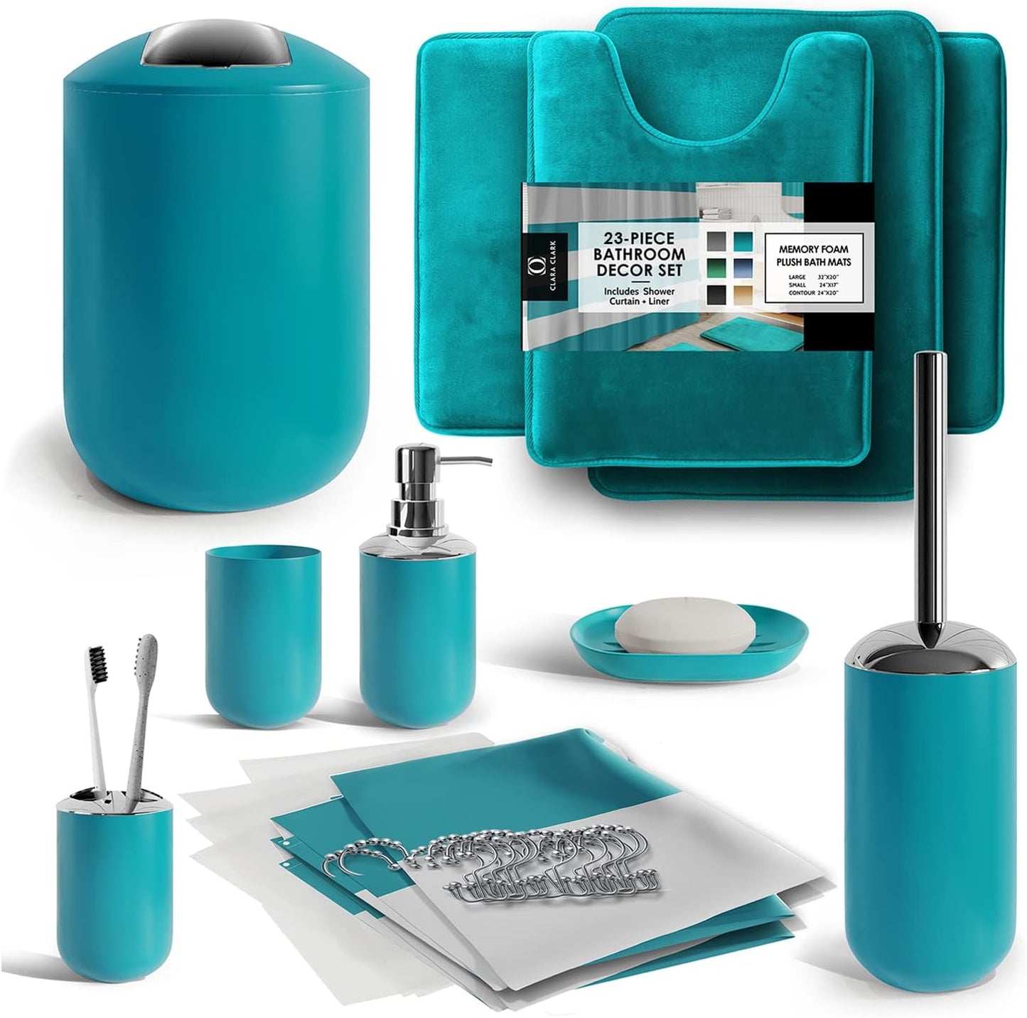 Clara Clark Bathroom Set - Gray Bathroom Accessories Set, Bathroom Sets with Shower Curtain and Rugs, 23PC Shower Curtain Set with Liner, Soap Dispenser, Soap Dish, Toilet Brush Holder, and Trash Can