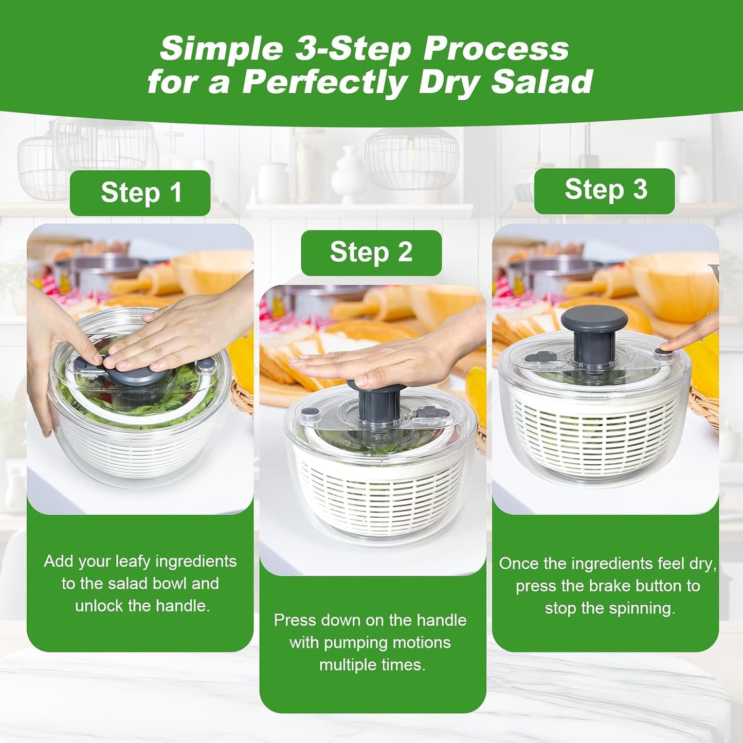 Salad Spinner - 3.6 Litre Non-Slip Vegetable & Fruit Washer/Dryer for Households, Easy-Clean Kitchen Gadget for Greens, Herbs & Vegetables