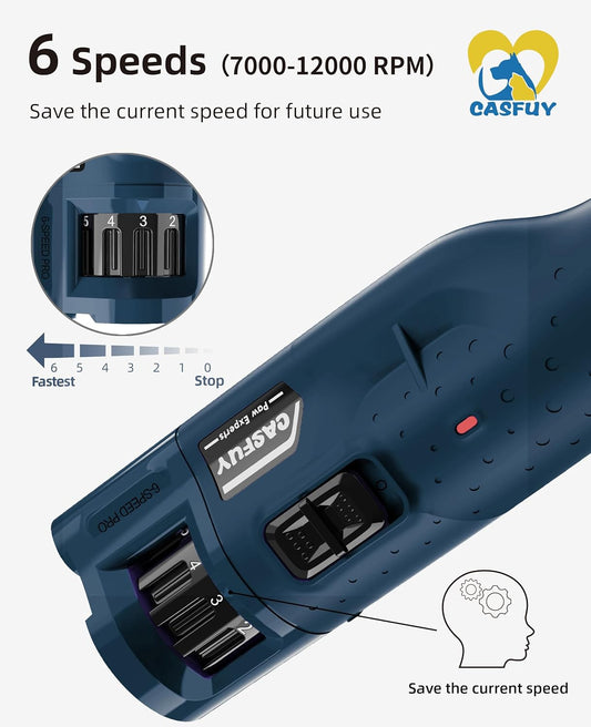 Casfuy Dog Nail Grinder Quiet - (45db)6-Speed Pet Nail Grinder with 2 LED Lights for Large Medium Small Puppy Dogs/Cats, Professional 3 Ports Rechargeable Electric Dog Nail Trimmer with Dust Cap(Blue) - PuriLite