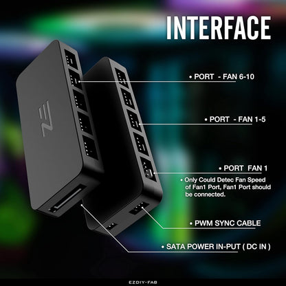 EZDIY-FAB 10 Port PWM Fan Hub,Splitter for 4-Pin & 3-Pin Fans,Only Use One MB Header