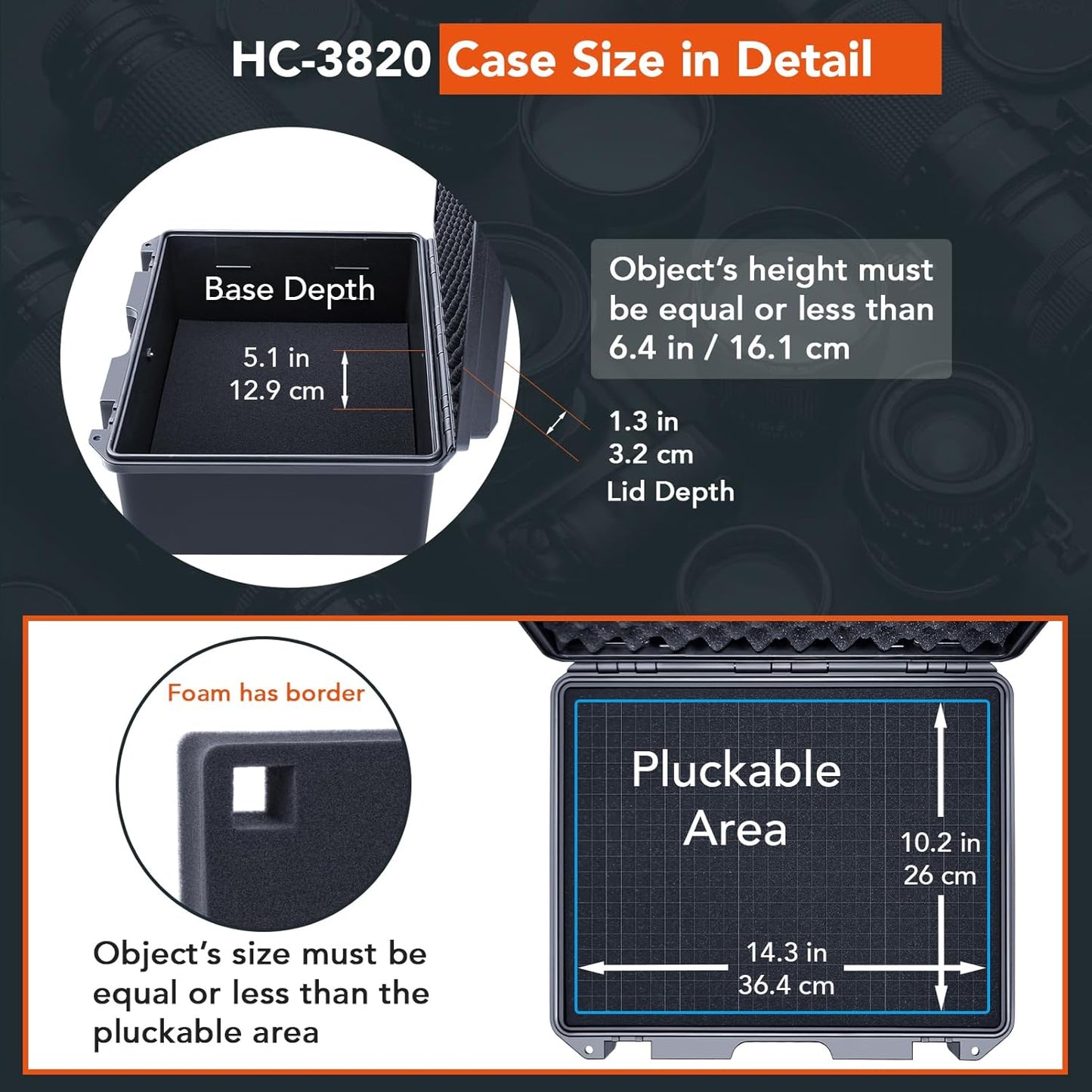 Lykus HC-3810 Waterproof Hard Case with Customizable Foam Insert, Interior Size 38x28x13.5cm, Suitable for Camera, Lens, Drone, mic, Flashlight, Telescope, Action cam, Electronics, Tools, and More