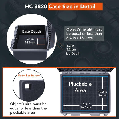 Lykus HC-3810 Waterproof Hard Case with Customizable Foam Insert, Interior Size 38x28x13.5cm, Suitable for Camera, Lens, Drone, mic, Flashlight, Telescope, Action cam, Electronics, Tools, and More