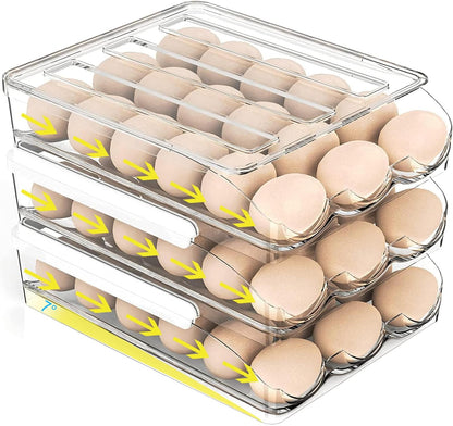 Auto Rolling Egg Storage for Fridge | Stackable Egg Organizer | Refrigerator Egg Holder with Lid | Kitchen Fridge Storage Box | Space Saving Egg Container