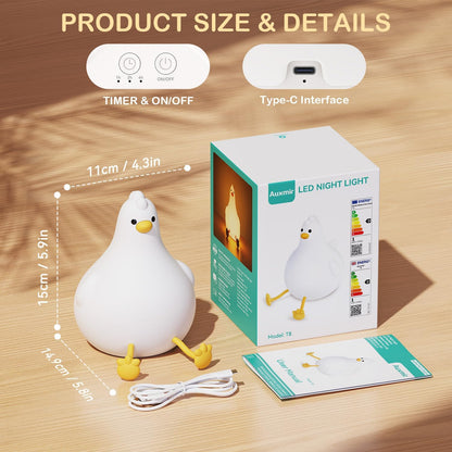 Auxmir Peepi Cute Chick Night Light for Kids, 2000mAh Rechargeable Silicone Baby Night Light with Touch Dimmable & RGB Colors, Portable LED Bedside Lamp with Timer for Nursery Bedroom, Ideal Gift
