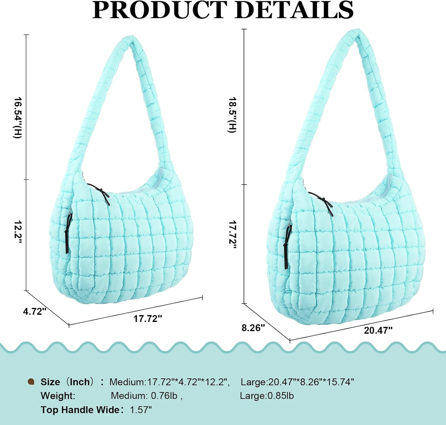 Quilted Puffer Tote Bag Large Crossbody Shoulder Bag with Zipper, Nylon Hobo Oversized Handbag