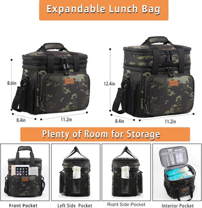 Expandable Large Lunch Bag, Double Deck Insulated Lunch Box Leakproof Durable Soft Cooler Bag for Men Women Adults Work Construction Beach Picnic Daytrip,16L,Black, GLENKEY