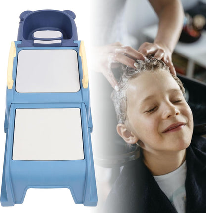 Foldable Baby Shampoo Chair, Adjustable Length Kids Hair Washing Bath Seat with Shampoo Basin and Head Cushion Soft Armrests, Non Slip Bath Chair for Children (Blue)