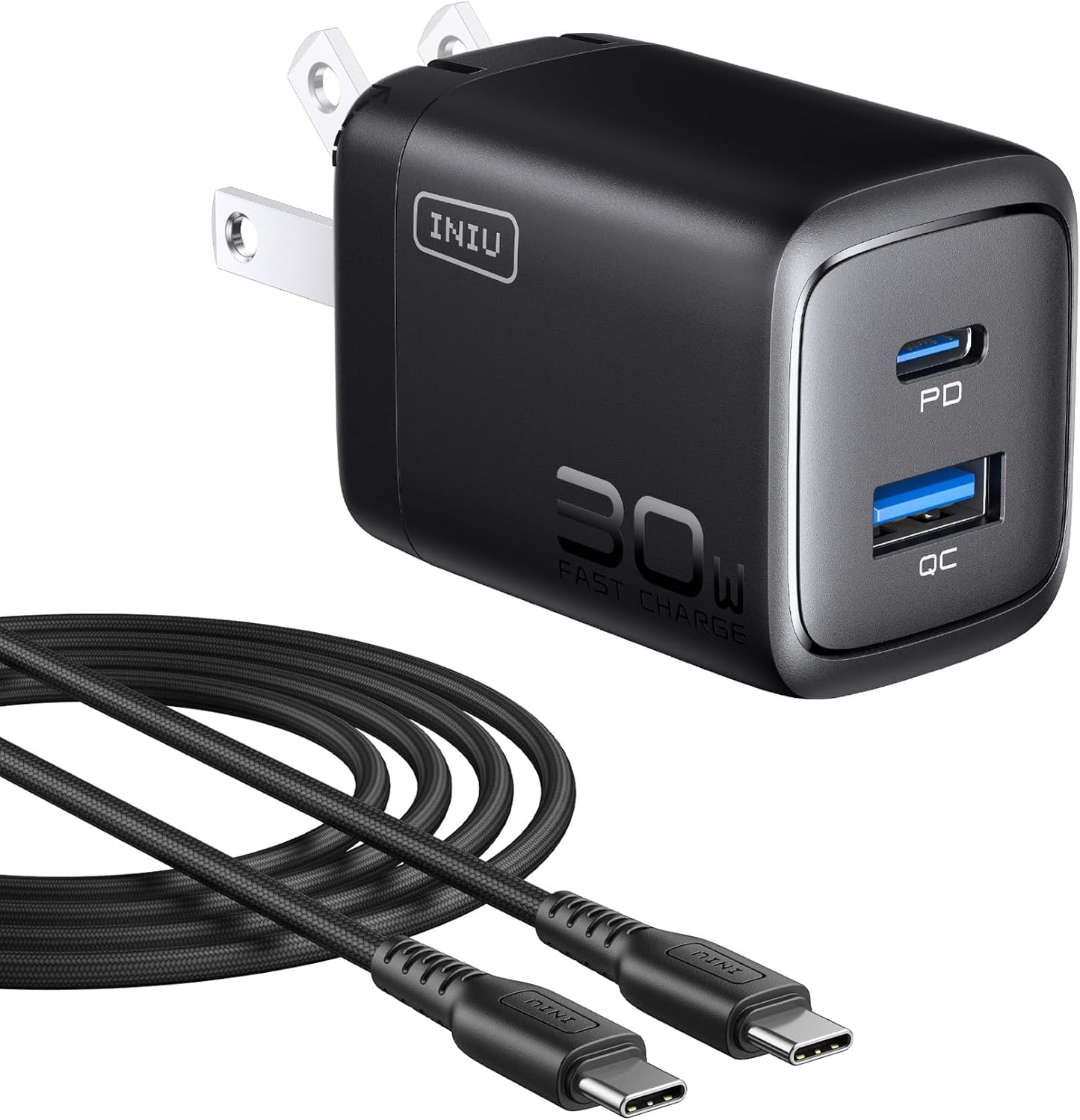INIU USB C Charger, 2-Pack 30W PD QC 3.0 Dual Port Fast Charging Type C Charger Block With 5ft USB-C Cable, Compact USB C Wall Charger with Foldable Plug for iPhone 16 15 14 Pro Max Samsung S23, White