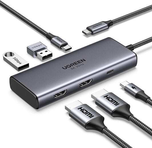 UGREEN Revodok USB C Docking Station Dual 4K@60Hz HDMI, 6-in-1 USB C Hub Dual Monitor with 4K@60Hz HDMI, PD Charging, USB C and 2 USB A 3.0 Data Port for HP, ASUS, ThinkPad and More