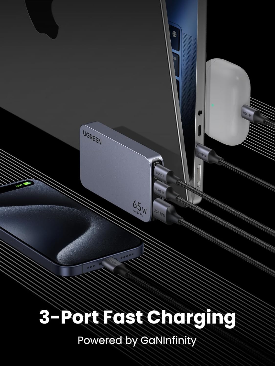 UGREEN Nexode Pro 65W Flat USB C Charger, 3-Port Ultra Slim GaN Compact Fast Charging Wall Charger PPS for MacBook Pro Air, Pixelbook, iPad Air, iPhone 17 Pro Max 16, Pixel 9 8, Galaxy S25 Ultra - PuriLite