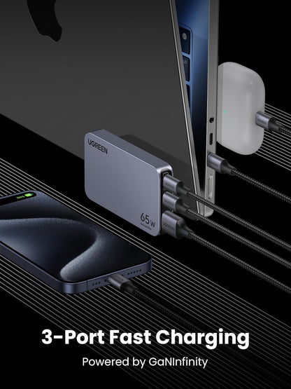 UGREEN Nexode Pro 65W Flat USB C Charger, 3-Port Ultra Slim GaN Compact Fast Charging Wall Charger PPS for MacBook Pro Air, Pixelbook, iPad Air, iPhone 17 Pro Max 16, Pixel 9 8, Galaxy S25 Ultra - PuriLite