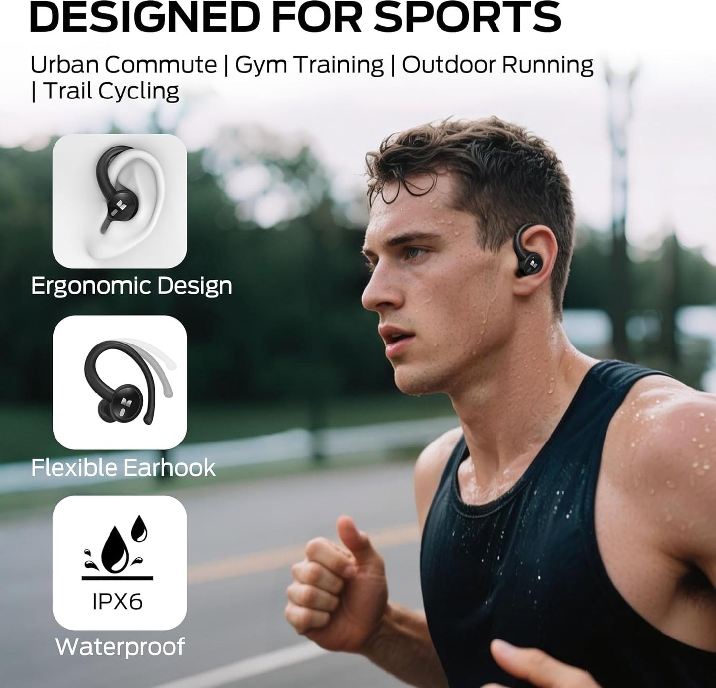 Monster N-Lite 216 Wireless Earbuds 48hrs Bluetooth 6.0 Headphone, Bluetooth Earbuds Stereo Deep Bass Over Ear Bud with Earhooks,ENC Noise Cancelling Mic, IPX6 Waterproof Earphone for Workout/Running