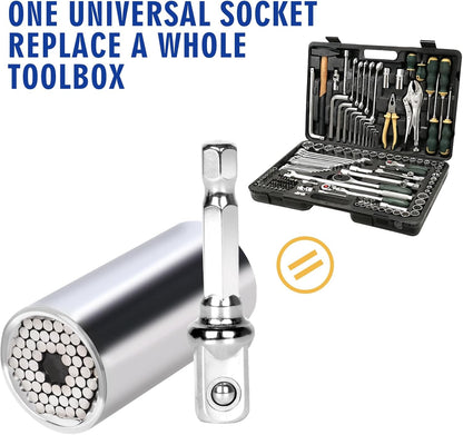 Universal Socket Tool Adjustable Wrench – Multi-Function Socket with Drill Adapter – Stocking Stuffer (Silver) - PuriLite