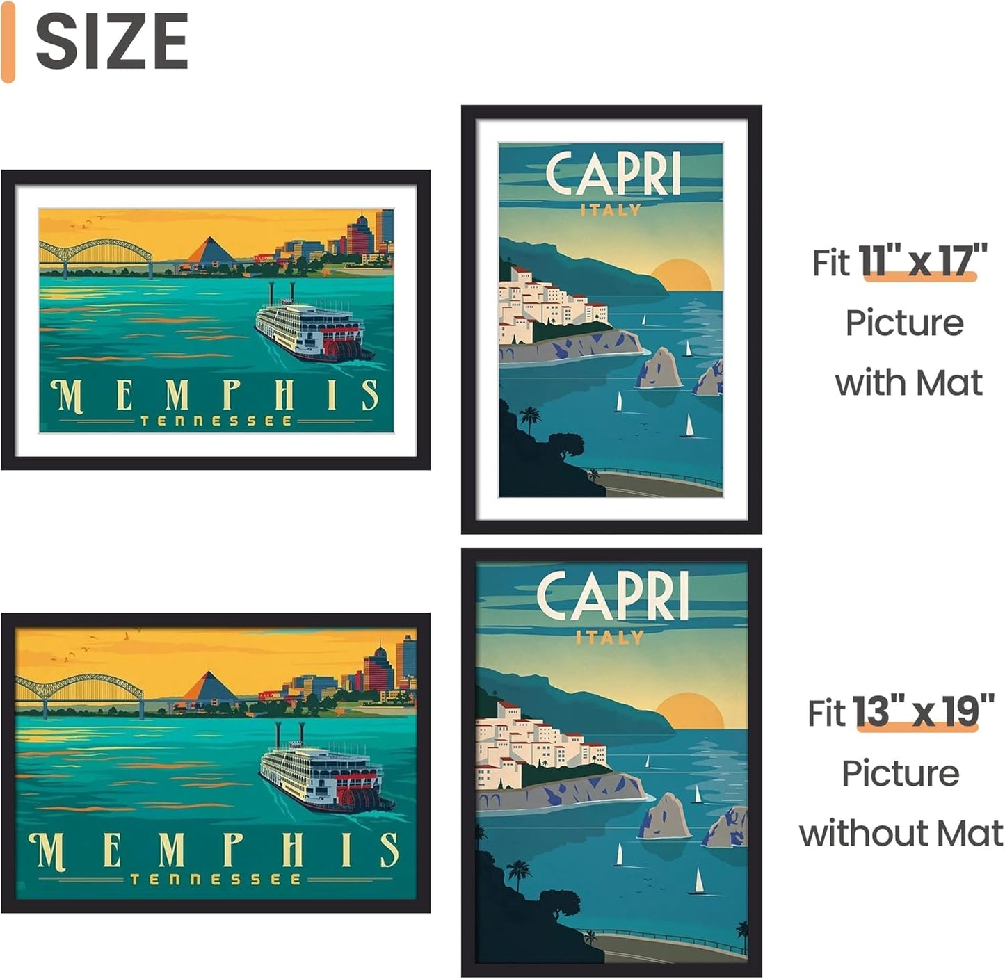 upsimples 11x14 Picture Frame, Display Pictures 8x10 with Mat or 11x14 Without Mat, Wall Hanging Photo Frames, Black