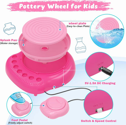 Kids Pottery Wheel Kit for Beginners with Clay, Paints, Tools, and Apron – Complete Art & Craft Set for Ages 6–12, Creative DIY Pottery Toy (Rose) - PuriLite