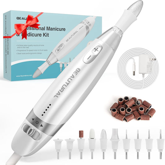 BEAUTURAL Professional Manicure and Pedicure Set Kit, Upgraded Electric Nail Drill Machine, 10-Piece Attachments Plus 20 Sanding Bands, Electric Nail File Set, Hand Foot & Nail Tools [Not Cordless] - PuriLite