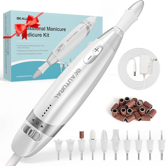 BEAUTURAL Professional Manicure and Pedicure Set Kit, Upgraded Electric Nail Drill Machine, 10-Piece Attachments Plus 20 Sanding Bands, Electric Nail File Set, Hand Foot & Nail Tools [Not Cordless]