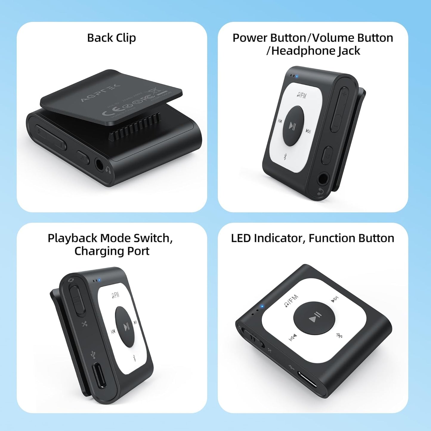 AGPTEK 64GB Clip MP3 Player with Bluetooth, A53PL Portable Music Player with FM Radio, Shuffle, No Phone Needed, for Sports,(Black)