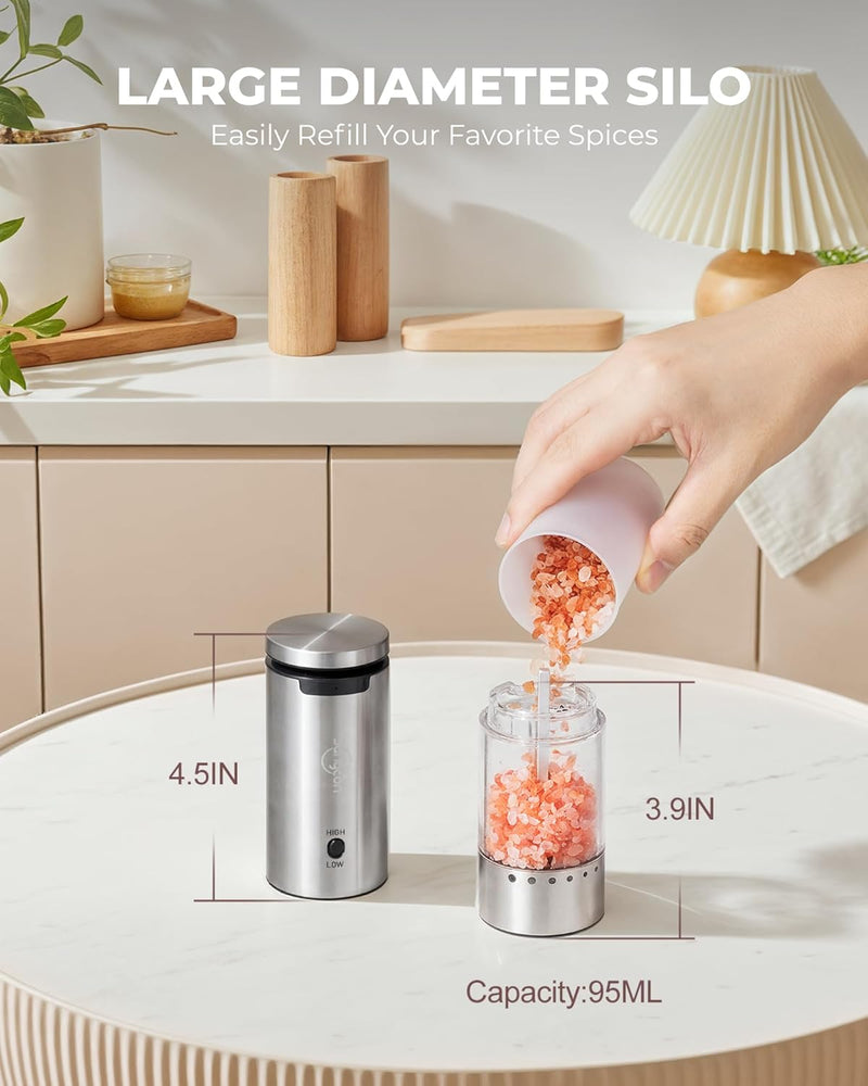 Sangcon 2-Speed Rechargeable Electric Salt and Pepper Grinder Set, 6 External Adjustable Coarseness Levels, Automatic Salt & Pepper Mill Shakers Set with Storage Base, One-Handed Operation, Silver