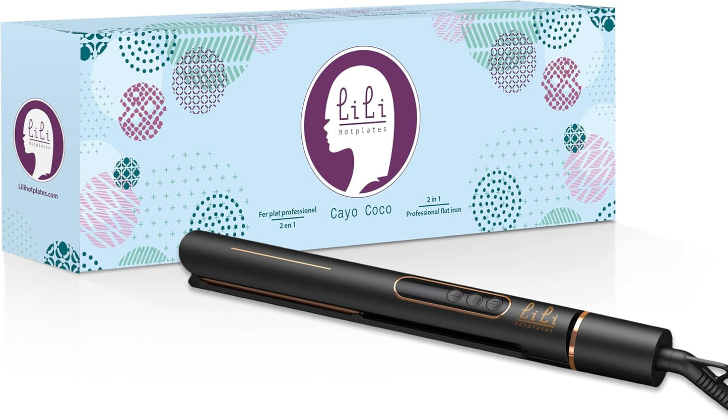 LILI HOTPLATES Professional Hair Straightener & Curler 2 in 1 | Tourmaline Ceramic Ionic Flat Iron and Curler for Waves, Curls and Straight Hair | 265-450°F with LCD Screen & Extra Long 3m Cord