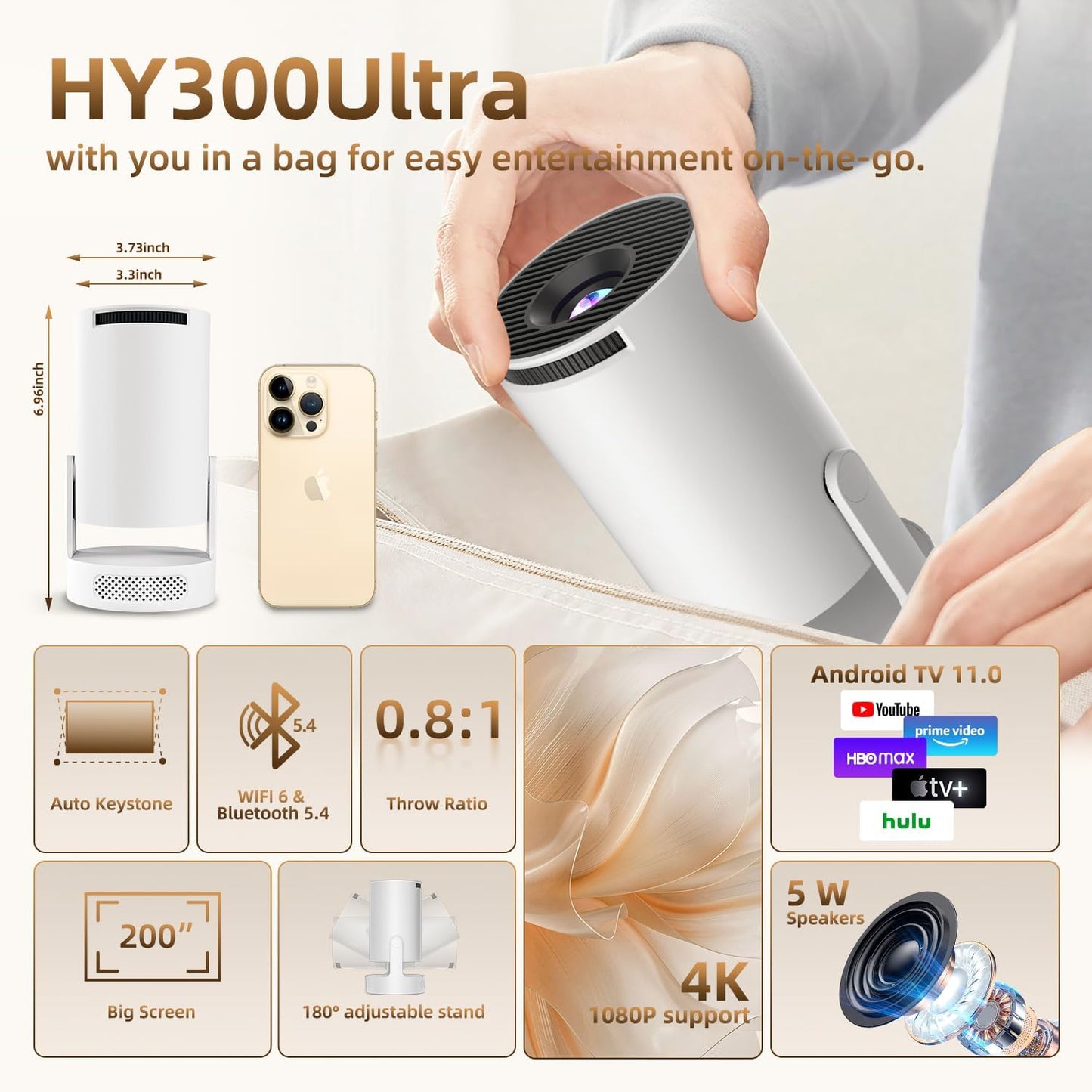 Mini Projector 4K, WiFi & Bluetooth 5.4, Built-in Apps, Auto Keystone | Short Throw, 180° Adjustable, Portable Smart Projecteur for Home/Outdoor Movies/Bedroom/Gaming (HY300Ultra, 2026 Upgrade)