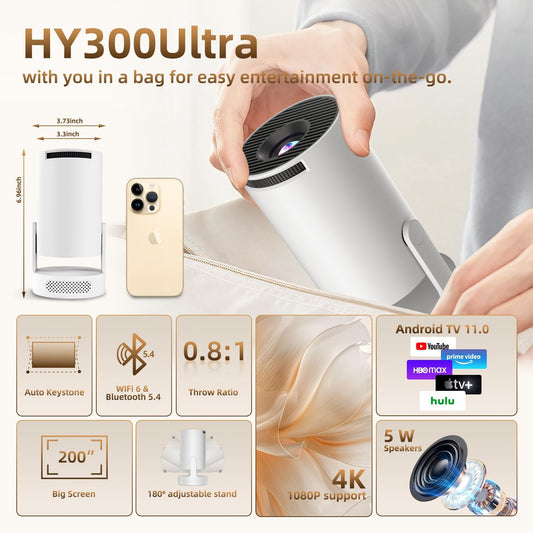 Mini Projector 4K, WiFi & Bluetooth 5.4, Built-in Apps, Auto Keystone | Short Throw, 180° Adjustable, Portable Smart Projecteur for Home/Outdoor Movies/Bedroom/Gaming (HY300Ultra, 2026 Upgrade)